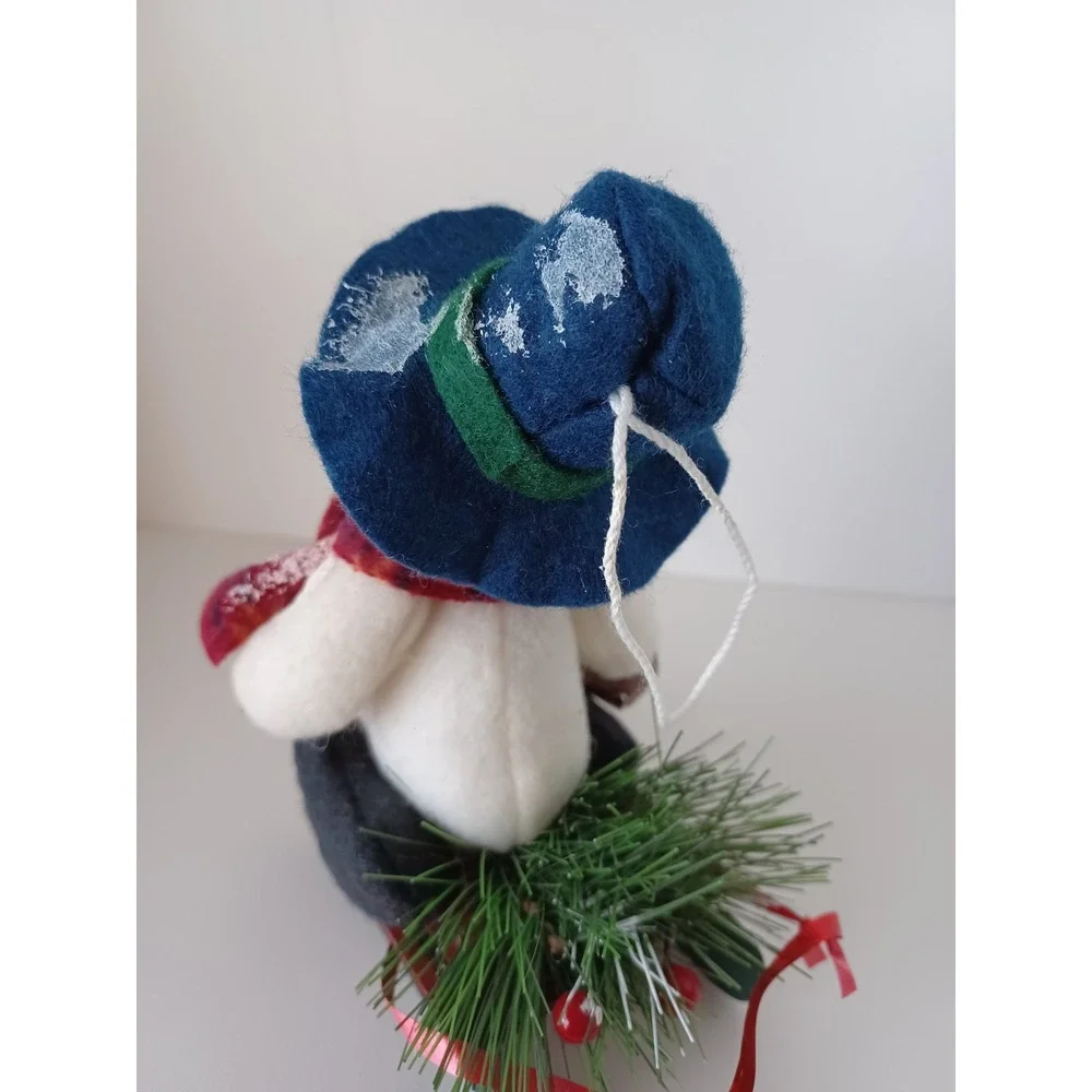 Vintage Snowman Holiday Seasonal Christmas On Sled Ornament Collectible